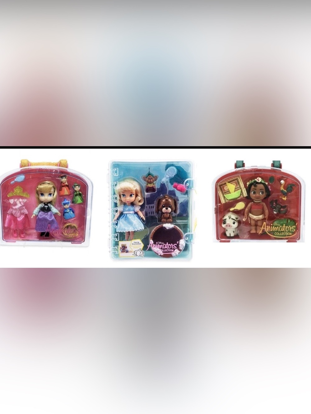 Lot Of 3 Disney Animators Collection Doll Play Set Cases Moana Aurora Cinderella